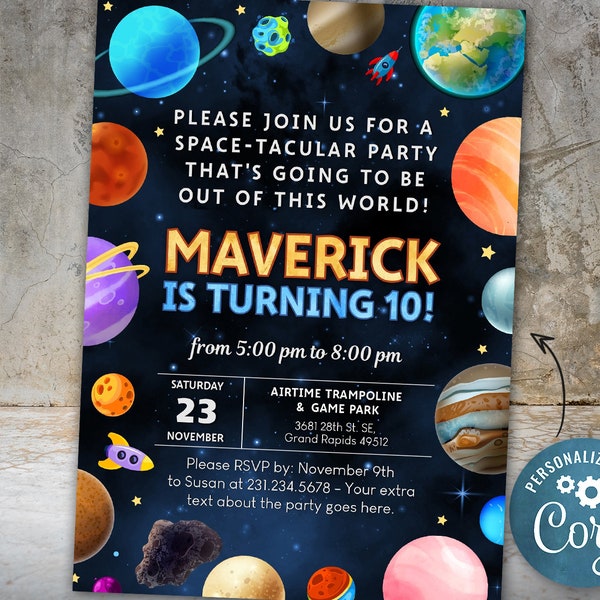 Planet Birthday Invitation, Outer Space Party Invite, Space Themed Birthday Party Invitation - Digital INSTANT DOWNLOAD Editable