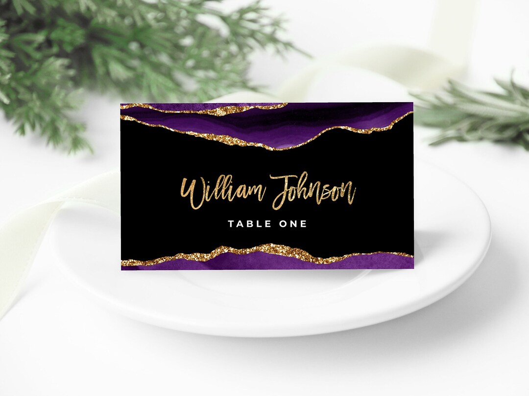 Purple and Gold Place Card Template - Editable Tent Card Template Digital Instant Digital ...