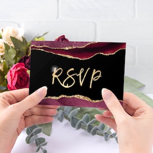 Modèle de carte RSVP modifiable bordeaux et or avec choix de menu, carte postale RSVP téléchargement numérique instantané modifiable AGT APBRLG