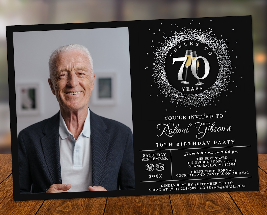 Cheers 70th Birthday Photo Invitation SEVENTY Party Silver Glitter