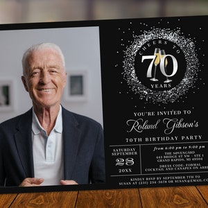 Cheers 70th Birthday Photo Invitation SEVENTY Party Silver Glitter Sparkle Champagne Digital Instant Download 5x7 Printable Editable BP108
