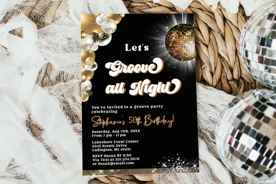 Editable Disco Party Birthday Invitation Gold Disco 70's Party Adult Birthday Invitation Digital