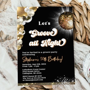 Bewerkbare verjaardagsuitnodiging discofeestje - gouden discofeest 70&#39;s - volwassen verjaardagsuitnodiging - digitale Instant Download 0700B