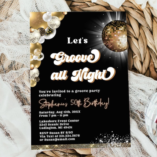 Editable Disco Party Birthday Invitation - Gold Disco 70's Party - Adult Birthday Invitation - Digital Instant Download 0700B