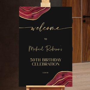 Birthday Welcome Sign Party Welcome Poster Burgundy Black and Gold Digital Instant Digital Download Printable Editable 0300BRG