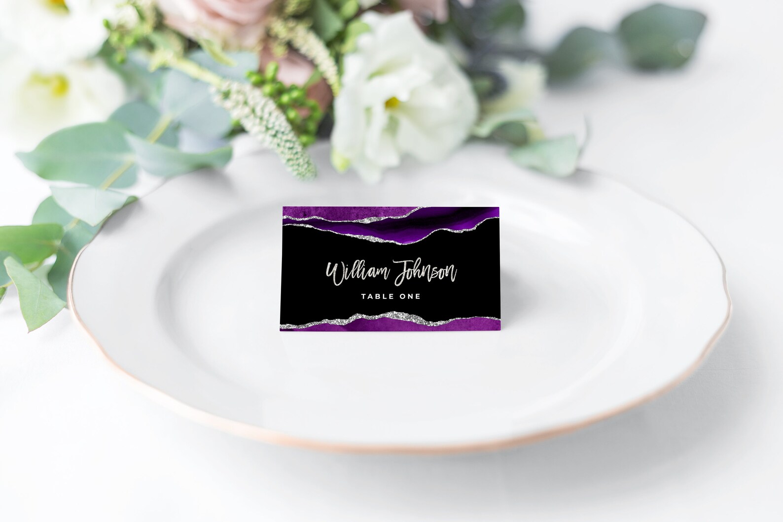 Black Purple and Silver Place Card Template Editable Tent - Etsy