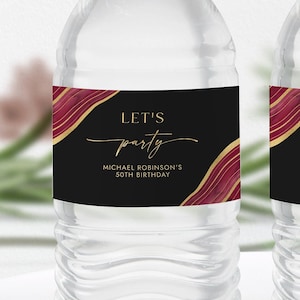 Burgundy Black & Gold Water Bottle Label Template - Water Wrappers - Party Favors - Let&#39;s Party - Editable Digital Download 0300BRG