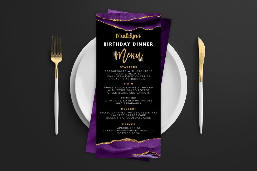 Purple and Gold Menu Card Menu Template and Drink Menu Event Menu