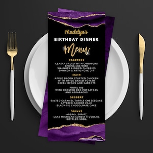 Karta menu fioletowo-złota - Szablon menu i menu napojów Szablon menu wydarzenia Cyfrowy Natychmiastowe pobieranie cyfrowe Możliwość wydruku Edytowalne AGT APBPG