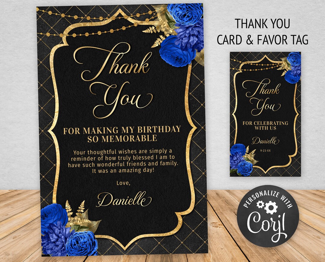 Editable Thank You Card + Tag Template - Black and Gold With Royal Blue ...