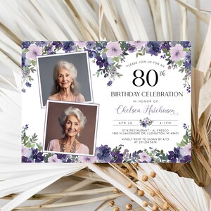 Editable 80th Birthday Photo Invitation - Adult 80th Birthday Invite - Modern Minimalist Feminine Purple Floral Digital Download - B23D
