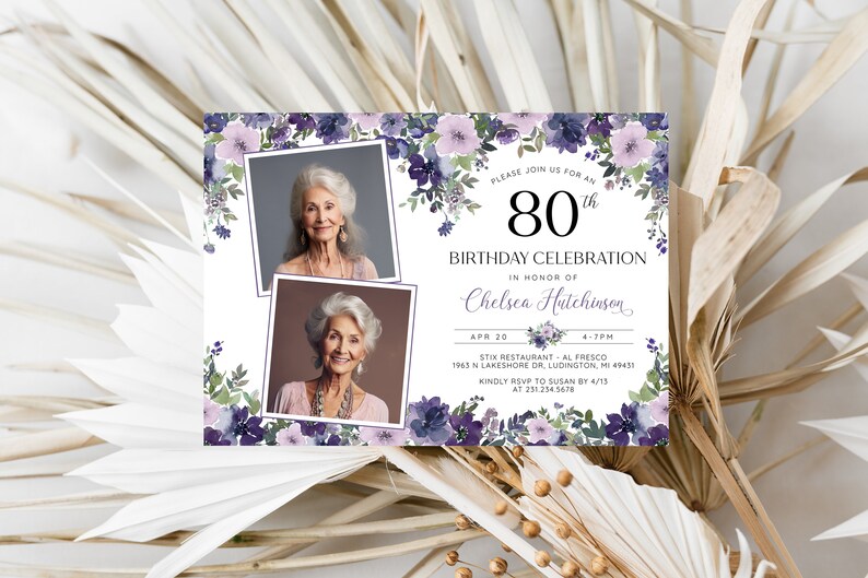 Editable 80th Birthday Photo Invitation - Adult 80th Birthday Invite - Modern Minimalist Feminine Purple Floral Digital Download - B23D
