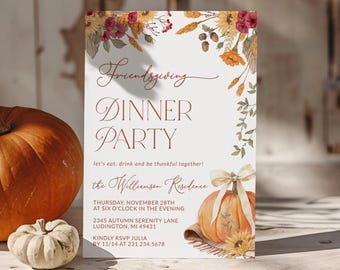 May include: A Friendsgiving dinner party invitation with a watercolor illustration of fall foliage, pumpkins, and sunflowers. The text reads "Friendsgiving Dinner Party" and includes the date, time, and location of the event.