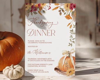 May include: Thanksgiving Dinner invitation with a fall theme. The invitation features a watercolor illustration of autumn leaves, pumpkins, and wheat. The text reads "Thanksgiving Dinner" in a cursive font. The invitation also includes the date, time, and location of the dinner.