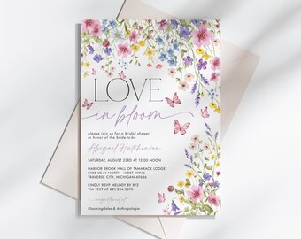 Liefde in bloei bruids douche uitnodiging - Wildflower bloemen vlinder thema vrijgezellenfeest - bewerkbare digitale download 5015-BDS