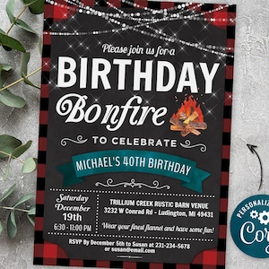 May include: A black and red plaid invitation for a 40th birthday bonfire party. The invitation features a drawing of a campfire with flames and the text "Birthday Bonfire" in white. The text "Please join us for a" is at the top of the invitation. The invitation also includes the date, time, and location of the party. The text "Personalize with Coryl" is in a teal circle with gears.
