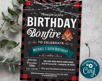 Rustic Backyard Bonfire Birthday Invitation, Outdoor Bonfire Party - Flannel Birthday Party Invite  -  Digital INSTANT download Editable FBF