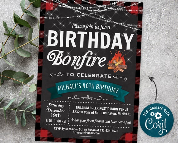 Rustic Backyard Bonfire Birthday Invitation, Outdoor Bonfire Party - Flannel Birthday Party Invite  -  Digital INSTANT download Editable FBF