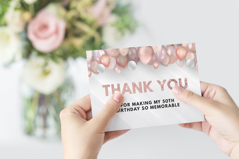 Editable Birthday Thank You Card Template Rose Gold, Pink & White With ...