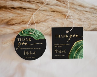 Emerald Green Black and Gold Favor Tag Template - Circle + Square Gift Tag Template - Party Favor Tag - Digital Download Editable 0300EGG