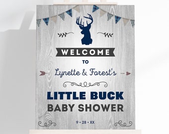 Editable Little Buck Deer Baby Shower Welcome Sign - Boy Baby Shower - INSTANT DOWNLOAD - Plaid, Blue Gray BBS5