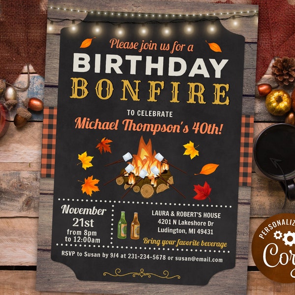 Rustic Backyard Bonfire Birthday Invitation, Campfire Birthday Party Invite - Outdoor Bonfire Party -  Digital INSTANT download Editable