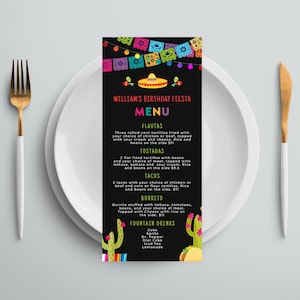 Menu Fiesta, carte de menu Taco Bout a Party, modèle de menu et carte de boissons, modèle de menu d'événement, téléchargement numérique instantané modifiable FST