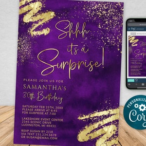 Purple and Gold Adult Surprise Birthday Invitation Template Digital Instant Download Editable Mens Womens BPG BP141