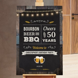Affiche de signe de bienvenue de fête d&#39;anniversaire de fête d&#39;anniversaire de bourbon et de BBQ de bourbon n&#39;importe quel âge téléchargement numérique instantané CBBP masculin modifiable d&#39;adulte