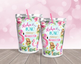 May include: Two clear plastic juice pouches with a tropical luau theme. The pouches have a pink flamingo, a girl with flowers in her hair, and the text "Aloha it's a Luau Ashleigh's First Birthday".
