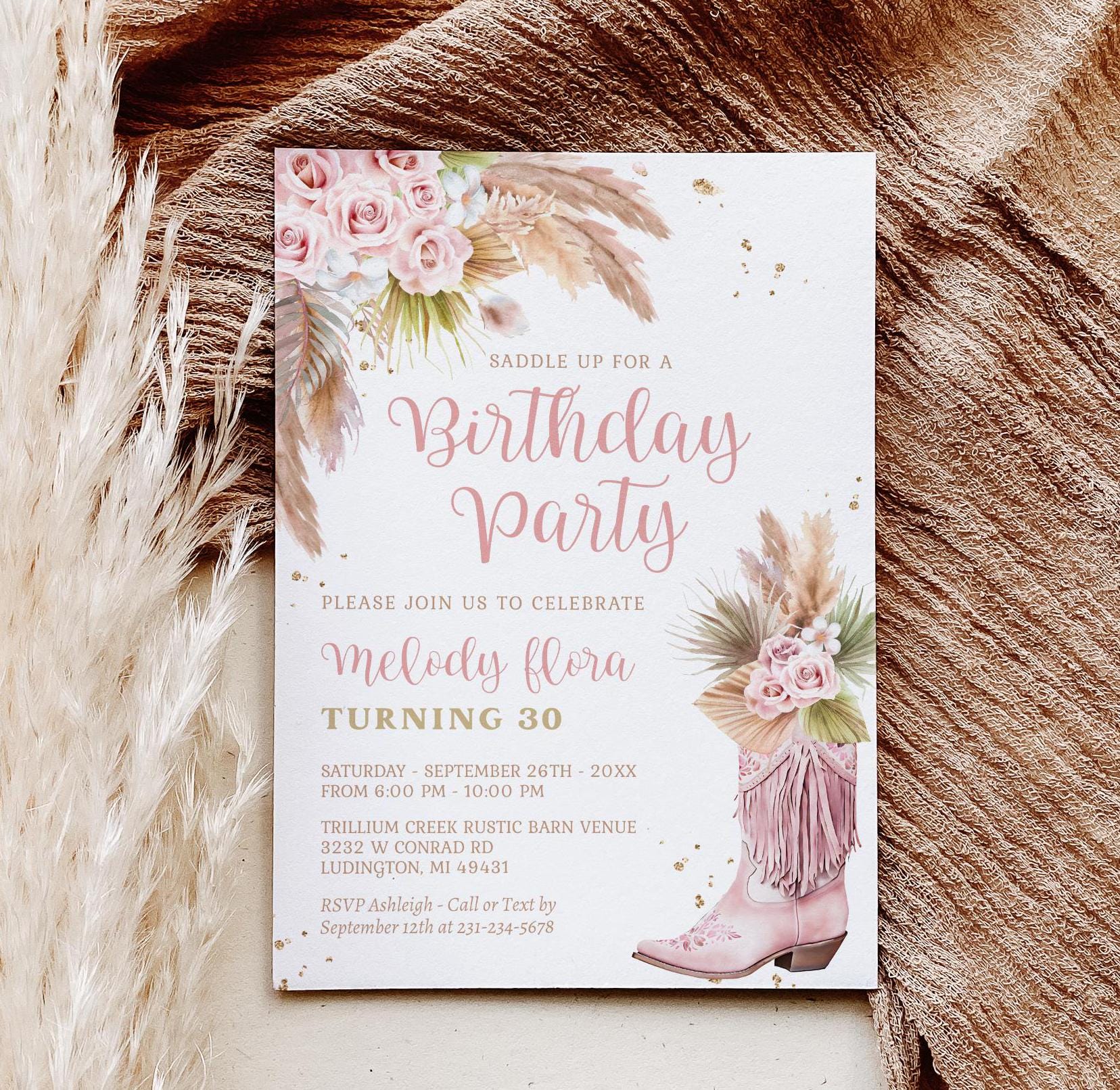 Editable Cowgirl Boot Birthday Invitation With Pampas Grass and Roses ...