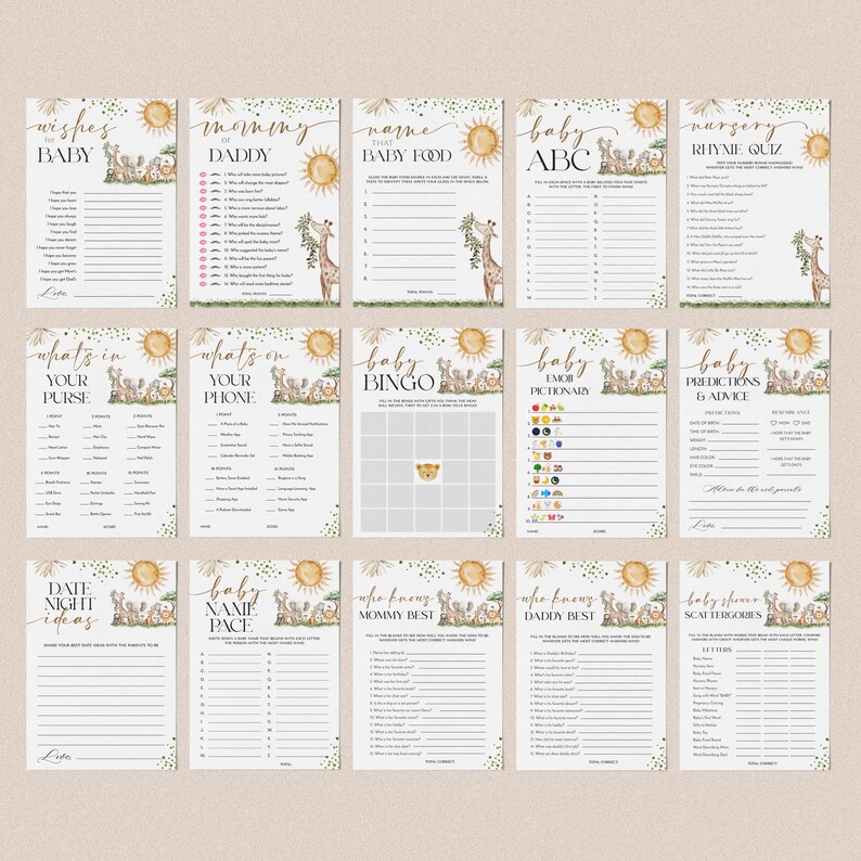 Safari Animals Gender Neutral Baby Shower Invitation + Games Bundle - A Little Wild One on the Way - Editable Digital Download 6030-BBS