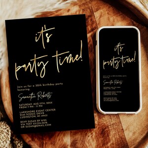 Minimal Digital Birthday Invitation Template - Black and Gold Modern Minimalist - Adult Birthday Invitation - Instant Download B16X BP160