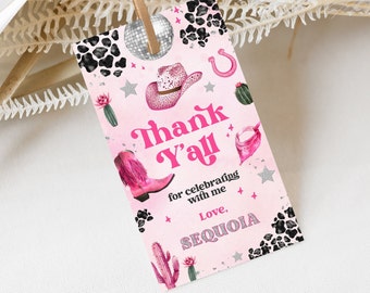Editable Space Cowgirl Birthday Favor Tag Template - Pink Disco Cowgirl Party - Nashville Rodeo Party - Instant Download 0600 - PBG