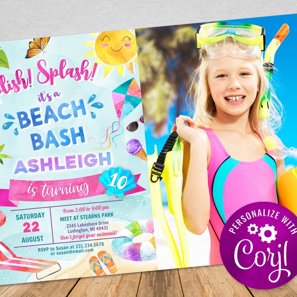 Digital and Printable Beach Party Photo Invitation Beach Theme Party, with Thank You, Editable Instant Download BPTY