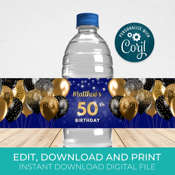 Navy Blue & Gold Water Bottle Label Template - Water Wrappers - Birthday Party Favors Editable - Digital Download BPB BGBNB