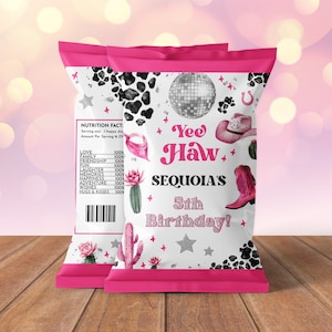 Editable Space Cowgirl Birthday Party Chip Bag Wrapper Template - Pink Disco Cowgirl Party - Instant Download Editable 0600