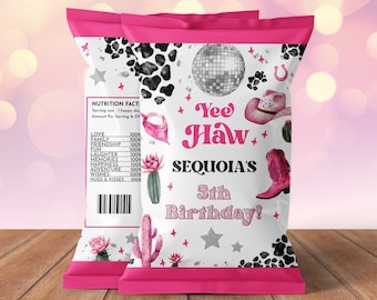 Bewerkbare ruimte cowgirl verjaardagsfeestje chip tas wrapper sjabloon - roze disco cowgirl party - direct downloaden bewerkbaar 0600