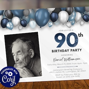 Balloons 90th Birthday One Photo Invitation - Adult NINETY Birthday Invite - Blue & White - Digital INSTANT download B40 BP40C