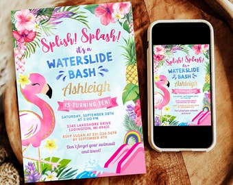 May include: A pink flamingo with a blue background and tropical flowers. The text reads "Splish! Splash! It's a Waterslide Bash Ashleigh is turning ten!" with details about the party, including the date, time, address, and RSVP information.