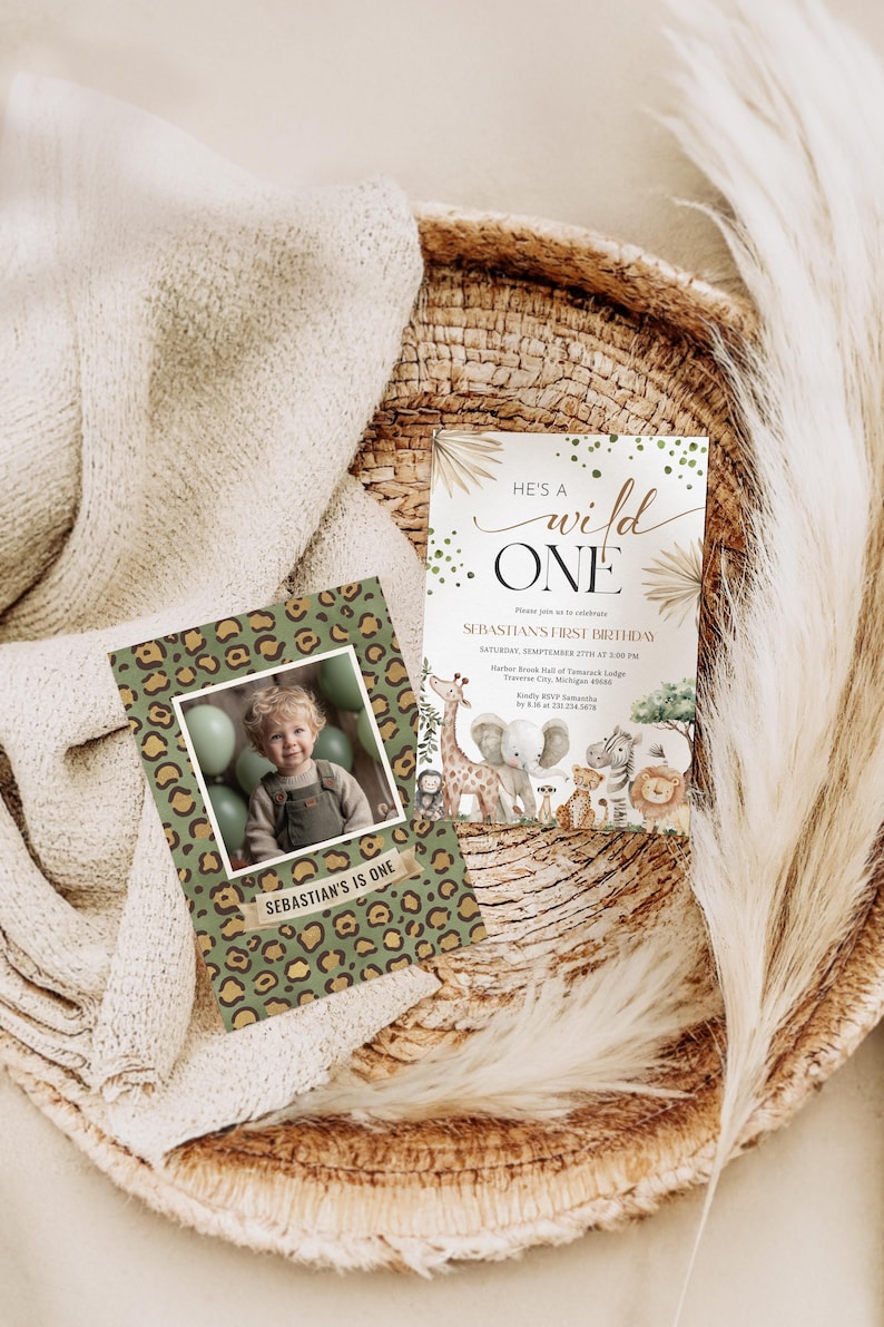 Wild One Boy 1st Birthday Bundle - Jungle Safari Boy First Birthday Theme - Editable Digital Download 6030-1
