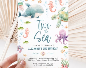 Two the Sea Birthday Invitation - Boy 2nd Birthday - Ocean Sea Birthday Party - Sea Animals - Editable Digital and Printable - 1619BP