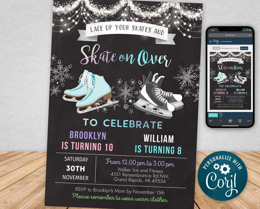 Joint Ice Skating Birthday Invitation Girl and Boy Dual Ice Skating