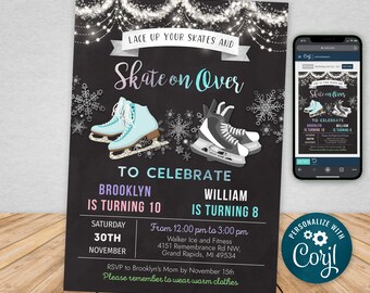 Joint Ice Skating Birthday Invitation - Girl and Boy - Dual Ice Skating Birthday Party Invite  - Digital INSTANT DOWNLOAD - BKIS BK9BG