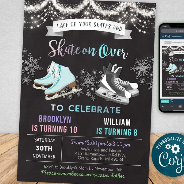 Joint Ice Skating Birthday Invitation - Girl and Boy - Dual Ice Skating Birthday Party Invite  - Digital INSTANT DOWNLOAD - BKIS BK9BG