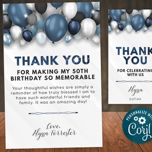 Plantilla editable de tarjeta de agradecimiento de cumpleaños en azul y blanco con globos Descarga digital INSTANTÁNEA 5x7 Personalizada editable - B40 BP40C