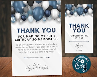 Birthday Thank You Card Editable Template Blue & White with Balloons Digital INSTANT download 5x7 Editable Personalized - B40 BP40C