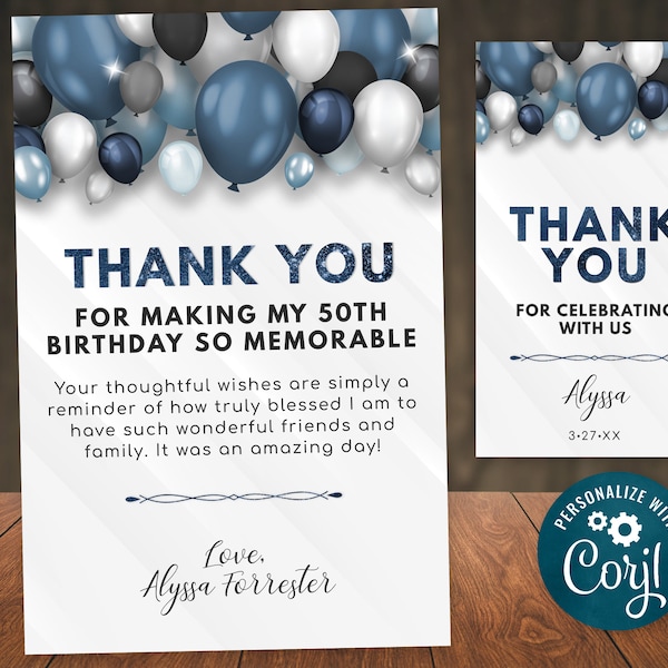 Birthday Thank You Card Editable Template Blue & White with Balloons Digital INSTANT download 5x7 Editable Personalized - B40 BP40C