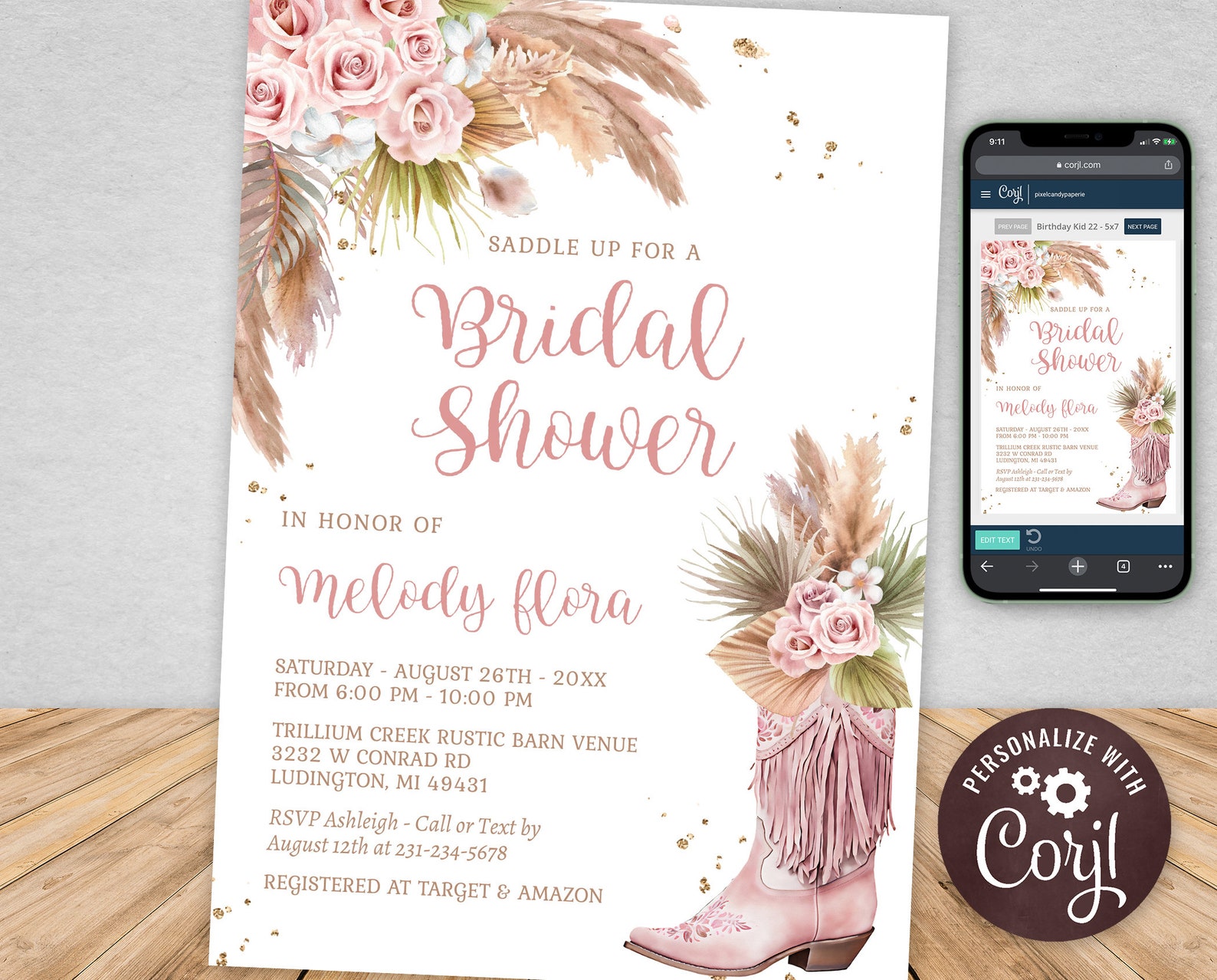 Editable Cowgirl Boot Bridal Shower Invitation With Pampas Grass and ...