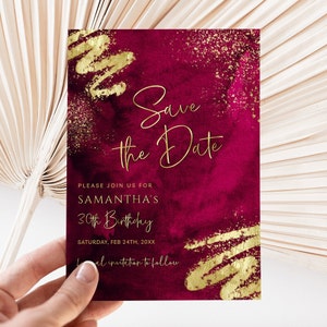 Luxury Maroon Red and Gold Save the Date Card Template - Editable Save the Date - Ladies Mens Birthday - Digital Download Editable BPG BP148